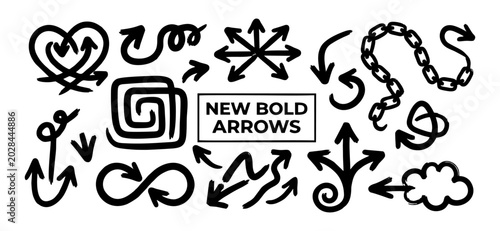 Bold Grunge Arrows Set – Thick Hand Drawn Straight and Zigzag Arrows, Ink Brush Vector Illustration with Gold Geometric Lines and Abstract Shapes