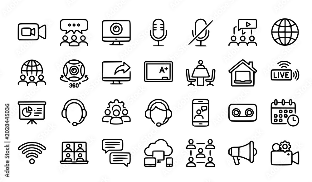 Fototapeta premium Video Conference Line Icons Set with Group Chat Video Call and Online Meeting Editable Stroke Vector