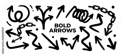 Bold Grunge Arrows Set – Thick Hand Drawn Straight and Zigzag Arrows, Ink Brush Vector Illustration with Gold Geometric Lines and Abstract Shapes