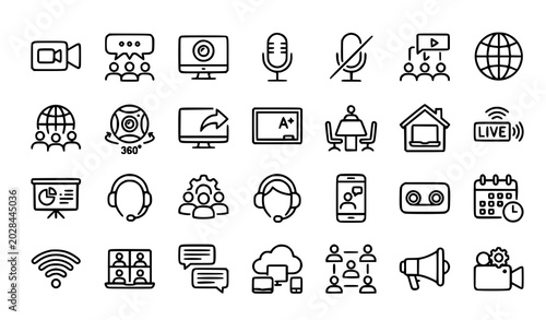 Bild auf Leinwand Video Conference Line Icons Set with Group Chat Video Call and Online Meeting Ed