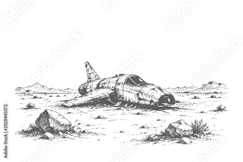Schilderij op canvas Vintage hand drawn sketch vector illustration of a crashed military fighter jet aircraft abandoned in a vast barren desert landscape with distant hills