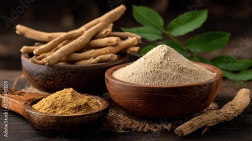 Benefits of Ashwagandha. Dried ashwagandha roots and powdered ashwagandha displayed in wooden bowls with green leaves.