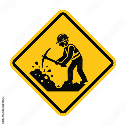 Under construction road sign vector illustration and work in progress yellow warning sign with worker silhouette