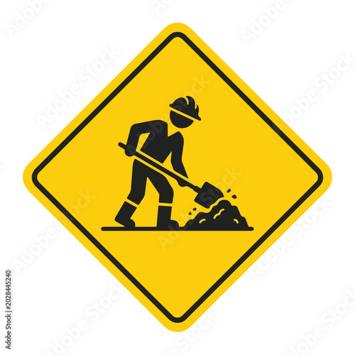 Men at work yellow warning sign vector illustration with worker digging with shovel