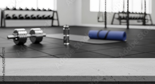 An empty gray concrete tabletop offers a textured surface for product display against a softly blurred background of a modern fitness center, active, mockup, wellness