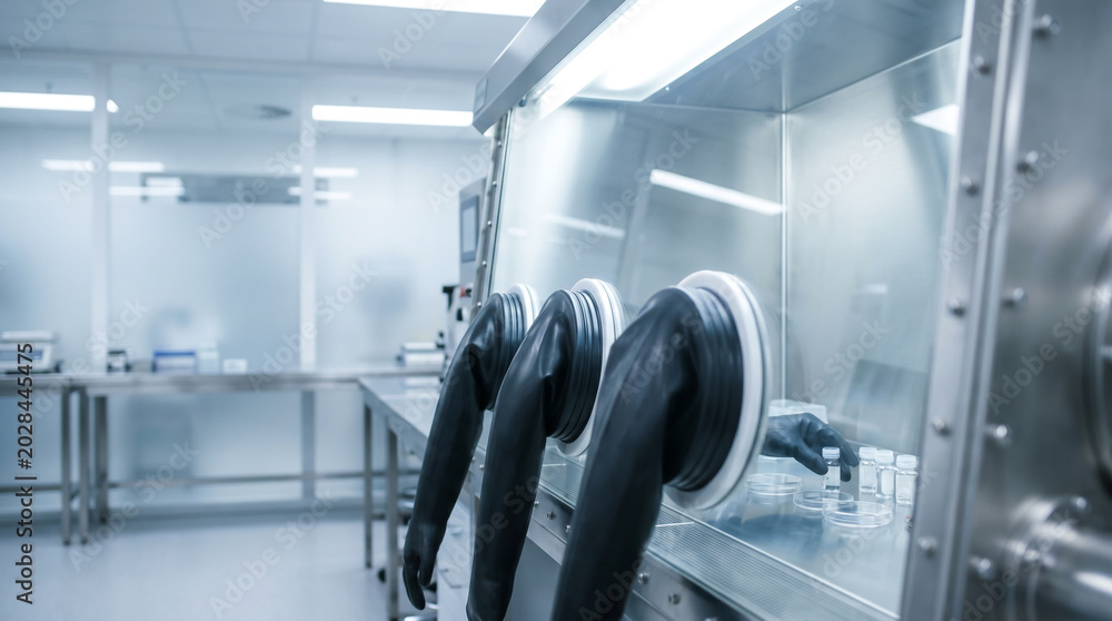 Fototapeta premium Sterile pharmaceutical isolator glove box in high-tech cleanroom laboratory for medical research
