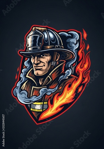 Bold Firefighter Emblem: Dynamic Flames & Smoldering Smoke Illustration