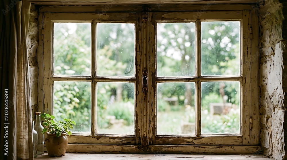 Fototapeta premium Rustic Window View of a Lush Green Garden on a Sunny Day.