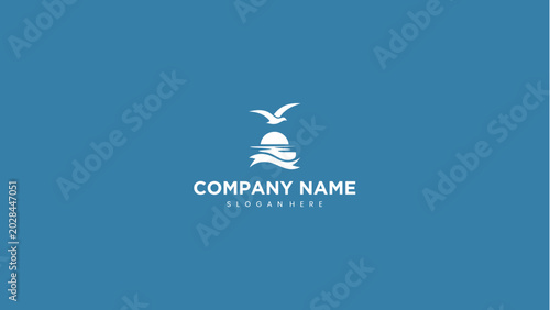 Minimalist Beach Sunset Logo Design with Seagull and Ocean Waves
