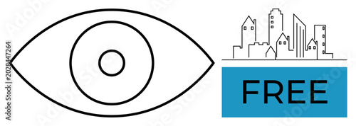 Vision, accessibility, urban planning, free resources, inclusivity, community design. Eye symbol with cityscape and free text. Vision and accessibility