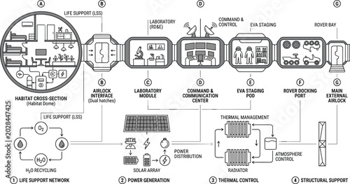 Bild auf Leinwand Space habitat life support systems blueprint vector illustration with modular en