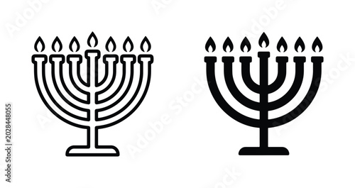 Hanukkah Menorah Icons, Jewish Holiday Candle Holders, Festive Celebration Symbols, Vector Graphics