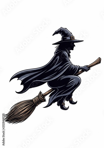 Mysterious Witch Soaring on Broomstick, Dark Cloak, Fantasy Art, Spooky Night Vibes