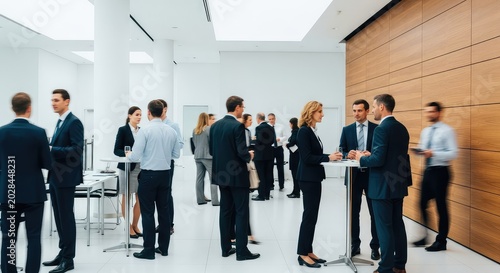 Dynamic blurred motion captures the vibrant energy of a professional networking occasion within a modern corporate office hall setting, professional, gathering, ambient