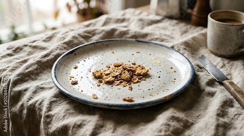 Leftover Granola on a Ceramic Plate with a Rustic Linen Tablecloth and Coffee Mug.