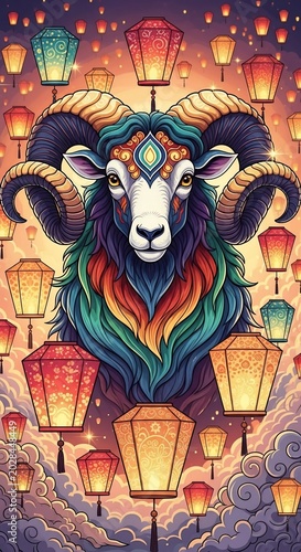 Vibrant Ram Amidst Celestial Lanterns: Psychedelic Digital Art