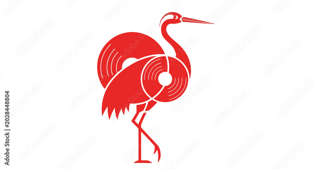 Fototapeta premium Minimalist red crane bird icon formed by vinyl records