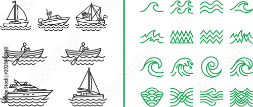 Quadro su tela Nautical boat icons and sea wave patterns vector set featuring sailboat yacht fi