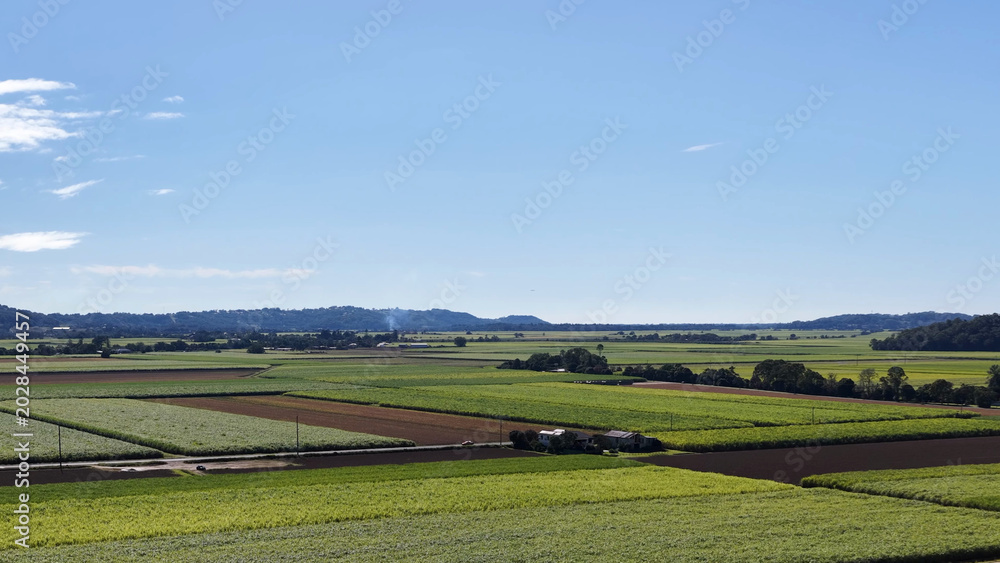 Fototapeta premium Aerial View of Lush Patchwork Farmland Under a Clear Blue Sky