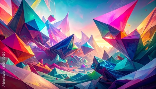 Vibrant Crystal Landscape with Geometric Forms and Aurora Sky.