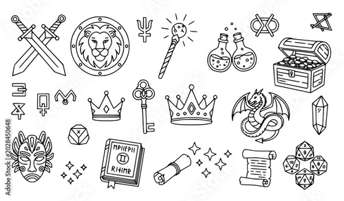 Fotografía Fantasy archetypal symbols black white vector bundle with roleplay outline illus