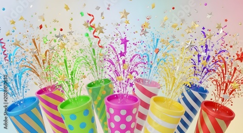 Vibrant Multicolored Party Poppers Bursting with Festive Confetti and Sparkling Stars for a Joyful Celebration Background