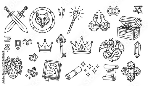 Tableau sur toile Black and white fantasy roleplay symbol vector collection with cartoon outline o