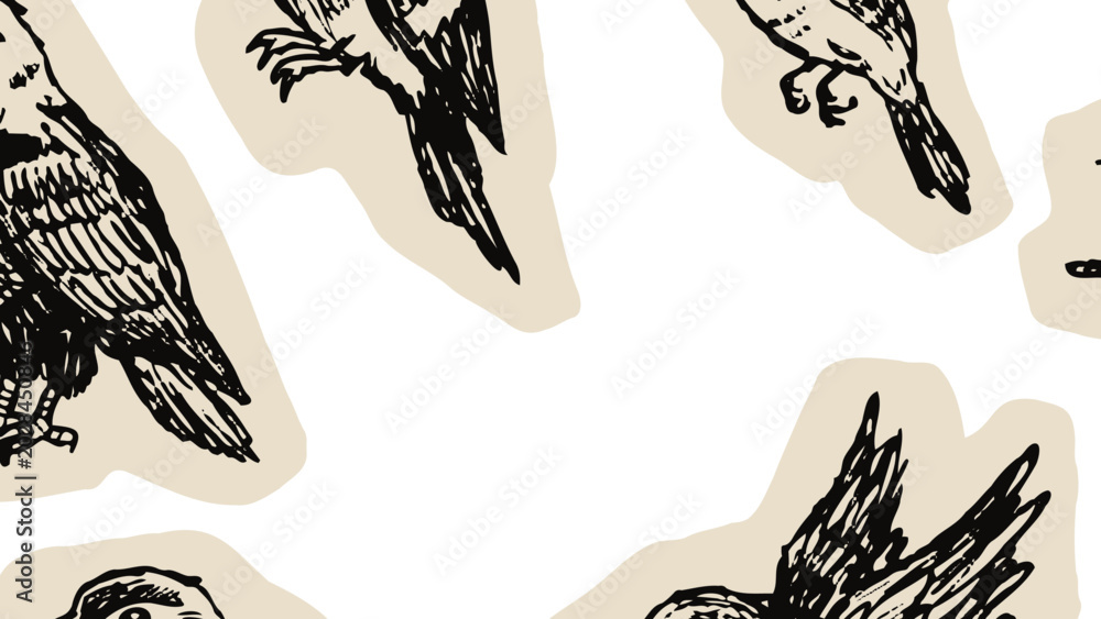 Obraz premium Bird sketch set, hand drawn avian collection with hummingbird woodpecker sparrow flying perched poses. Wildlife animal doodle on beige background
