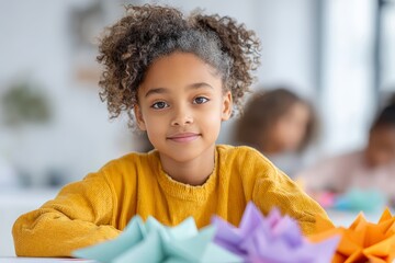 Young girl making juneteenth paper crafts in a classroom activity for holiday banner and background design and educational project
