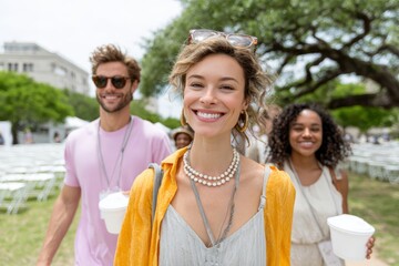 Smiling diverse young adults arriving at a juneteenth outdoor community celebration for event banner and background use