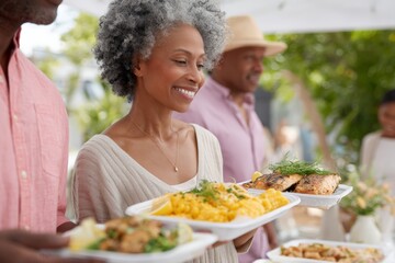 Older adults serving plated juneteenth buffet with salmon and macaroni for community celebration background and event design