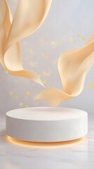 Round stone pedestal with flowing golden ribbons and soft bokeh for juneteenth celebration background and luxury product display