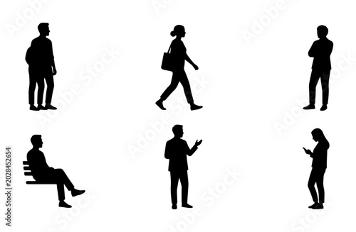 Diverse People Silhouettes, Walking, Sitting, Standing, Mobile Phone Use, Business Casual