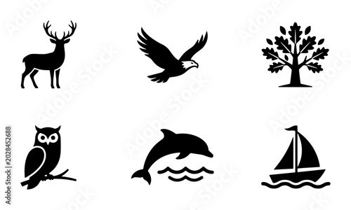 Nature and Wildlife Icons: Deer, Eagle, Oak Tree, Owl, Dolphin, Sailboat Set