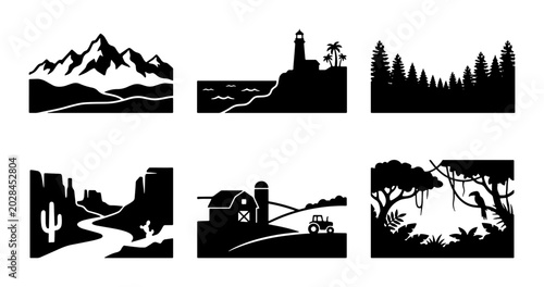 Diverse Landscape Silhouettes: Mountains, Coast, Forest, Desert, Farm, Jungle Scenes