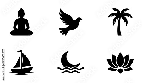 Silhouette Icons: Buddha, Dove, Palm Tree, Sailboat, Moon, Lotus Flower, Zen, Peace, Nature, Travel