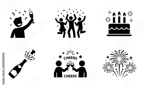 Celebration Icons: Party People, Champagne, Cake, Fireworks, Cheers, Confetti Vector Set