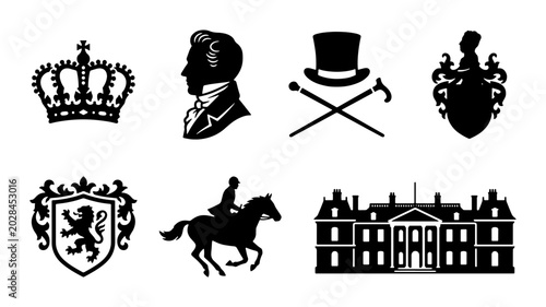 Royal Crests, Silhouettes, Top Hats, and Manor House Icons: Elegant Vector Set for Heraldry and Aristocracy