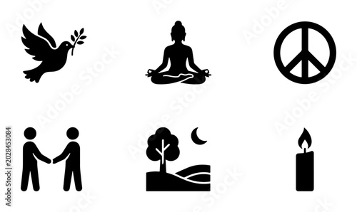 Peace Symbols, Yoga Meditation, Harmony Icons Set: Dove, Buddha, Shanti, Handshake, Nature, Candle