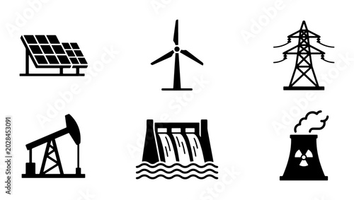 Renewable and Fossil Fuel Energy Icons: Solar, Wind, Hydro, Nuclear, Oil Pump, Power Line