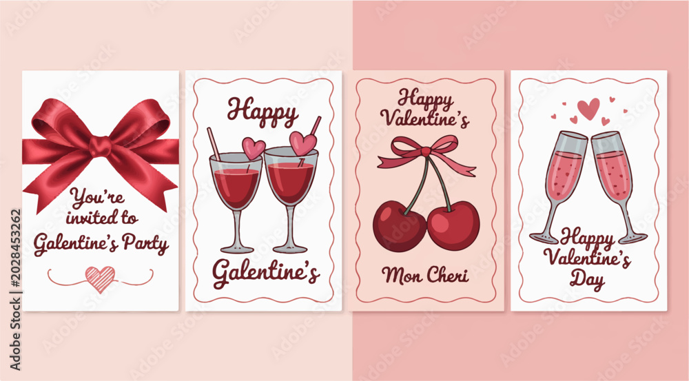 Naklejka premium Valentine's Day & Galentine's Day Card Designs: A collection of charming card designs featuring romantic and celebratory elements like a red bow, cocktails, cherries, and champagne glasses.