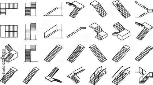 Collection of architectural drawing schematics showcasing various types of stairs and escalators, including straight, spiral, L-shaped, and U-shaped designs, rendered in a clean.