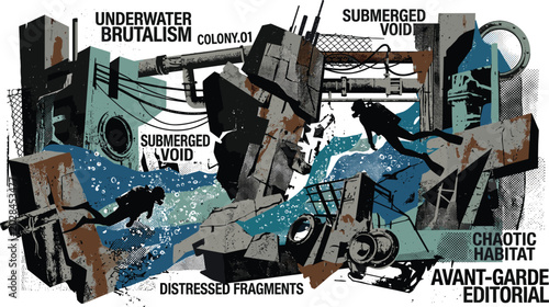 Bild auf Leinwand Underwater brutalist colony vector illustration with submerged dystopian ruins f