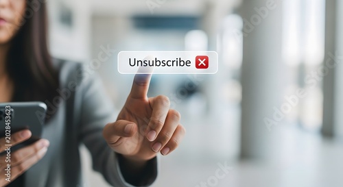 Business woman using smartphone to press digital unsubscribe button concept