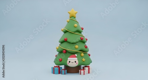 Cute 3D Rendered Cartoon Christmas Tree with Colorful Gifts and Holiday Decorations on a Light Blue Background