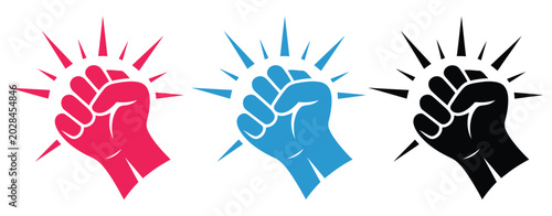 Fotografi Fist hitting outline, knocking fist icon set illustration, red blue and black va