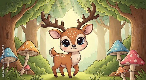 Cute Baby Deer Fawn in a Magical Forest with Colorful Mushrooms and Sun Rays Illustration