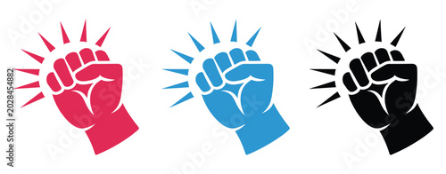 Obraz na płótnie Fist hitting outline, knocking fist icon set illustration, red blue and black va