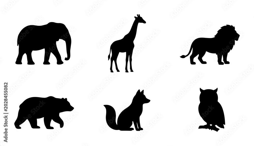 Fototapeta premium African Wildlife Silhouette Icons: Elephant, Giraffe, Lion, Bear, Fox, Owl Vector Set