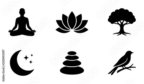 Photography Zen Icons Set: Meditation, Lotus, Tree, Moon, Stones, Bird, Wellness Graphics